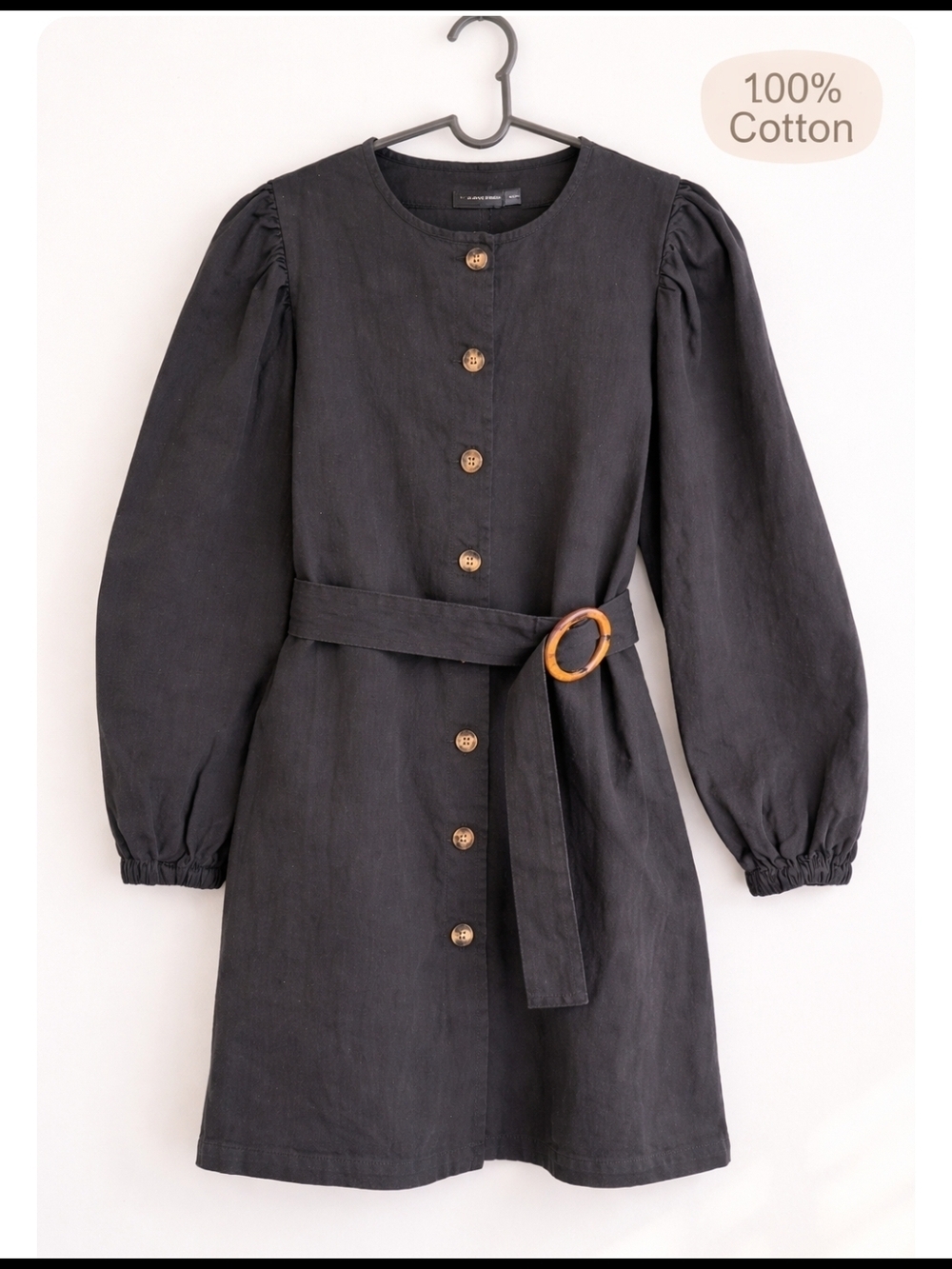 PrettyLittleThing Black Cotton Button Front Puff Sleeve Belted Dress size 4